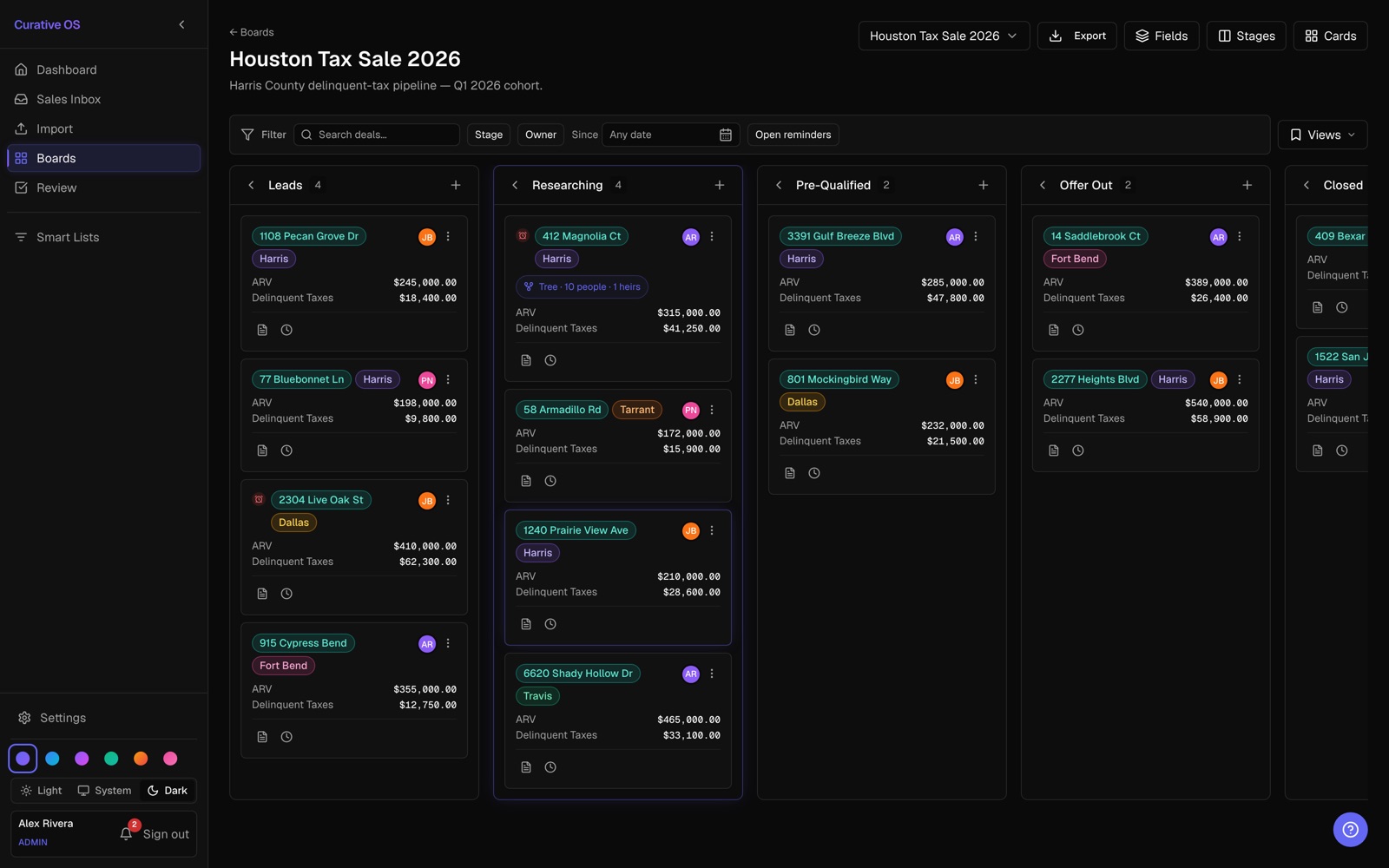 Curative OS deal board — pipeline of curative deals with ARV and delinquent tax data